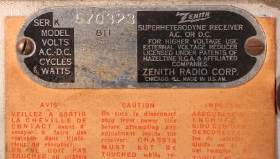Zenith 811 chassis tag